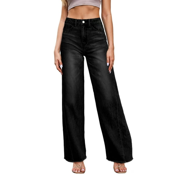 DOKOTOO Wide Leg Jeans for Women High Waisted Strechy Raw Hem Fashion Frayed Hem Denim Pants