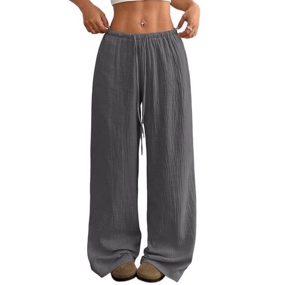 DOKOTOO Palazzo Pants for Women Wide Leg Elastic Waist Linen Pants Casual Loose Lounge Beach Trousers with Pockets