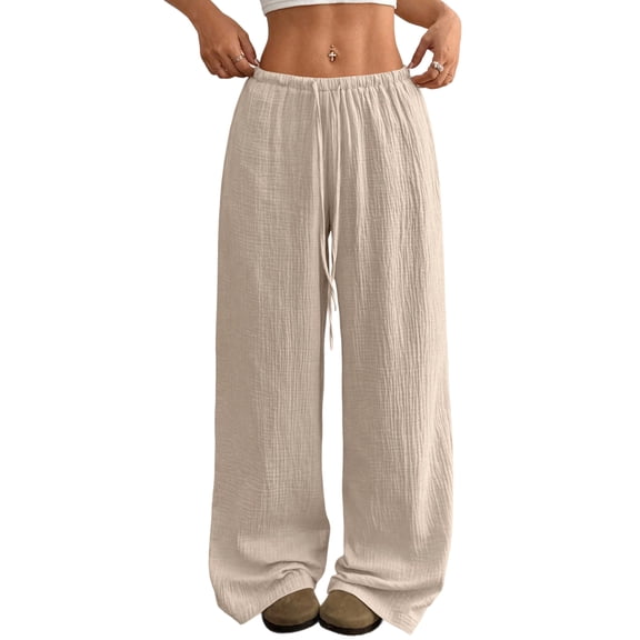 DOKOTOO Palazzo Pants for Women Wide Leg Elastic Waist Linen Pants Casual Loose Lounge Beach Trousers with Pockets