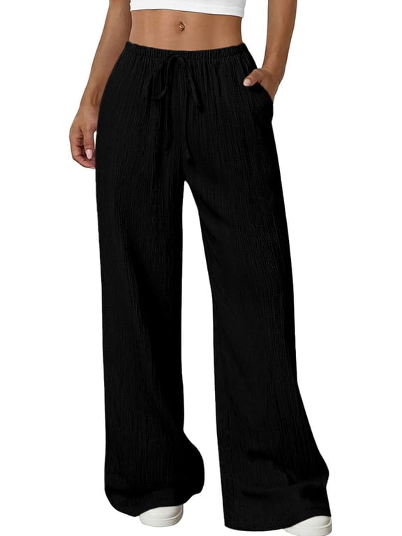 Palazzo Pants for Women Wide Leg Elastic Waist Linen Pants Casual Loose Lounge Beach Trousers with Pockets