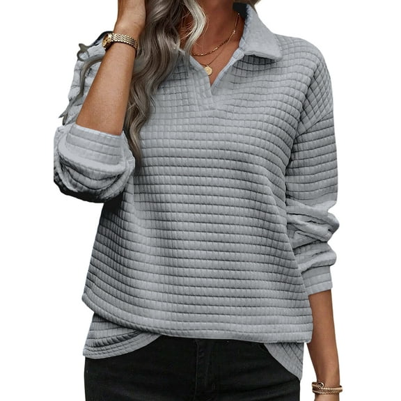 DOKOTOO Fall Tops for Woman V Neck Long Sleeve Pullover Sweatshirts Textured Women Tunic Tops Gray XXL US18-20