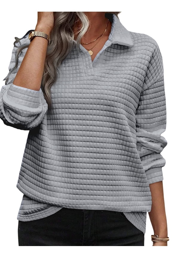 Sweatshirts for Woman V Neck Long Sleeve Textured Pullover Sweatshirts Lightweight Oversized Top Shirts Gray M US8-10