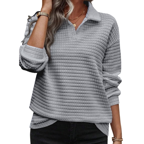 DOKOTOO Womens Pullovers Sweatshirts Fall Sweatshirts Textured Long Sleeve Lapel Neck Shirts Sweatshirts Gray S US4-6