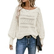DOKOTOO Woman Pullover Sweaters Crewneck Long Sleeve Cable Knit Crochet Tops Casual Fall Winter Pullover Jumper Tops Apricot L US12-14