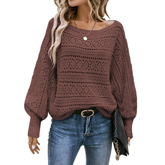 DOKOTOO Woman Pullover Sweaters Crewneck Long Sleeve Cable Knit Crochet Tops Casual Fall Winter Pullover Jumper Tops Red L US12-14