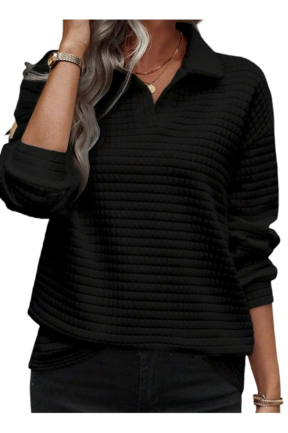Fall Tops for Woman V Neck Long Sleeve Pullover Sweatshirts Textured Women Tunic Tops Black XXL US18-20