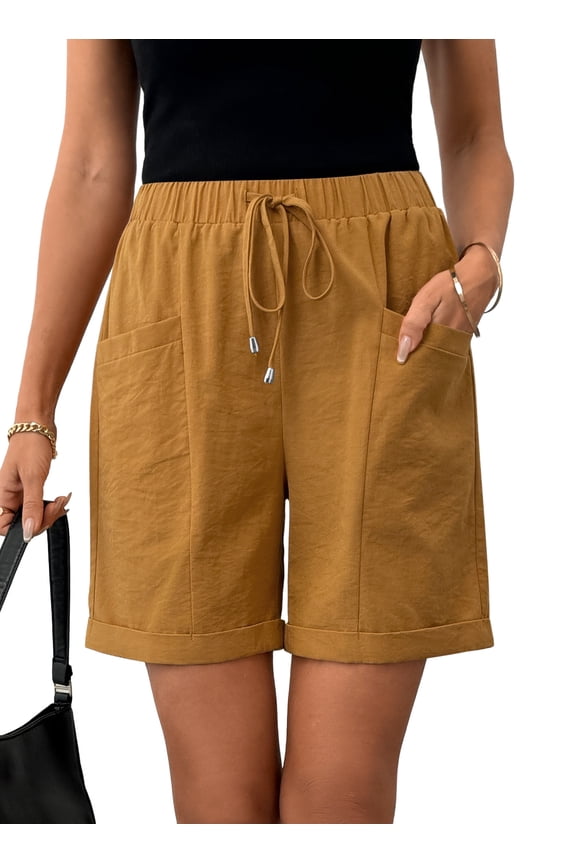 Women Bermuda Shorts Summer Rolled-up Shorts with Pockets High Waist Drawstring Shorts Brown XL US16-18