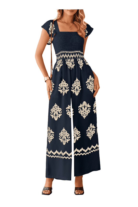 Women High Waist Jumpsuits Casual Summer Boho Jumpsuits Cap Sleeve Wide Leg Jumpsuit Overalls Dark Blue L US12-14