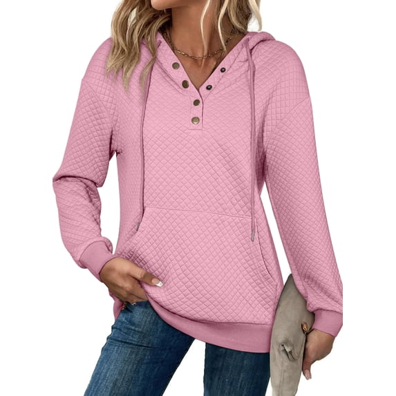 DOKOTOO Hooded Tops for Woman Drawstring Sweatshirts with Pockets Button Quilted Texture Pullover Hoodies Pink M US8-10