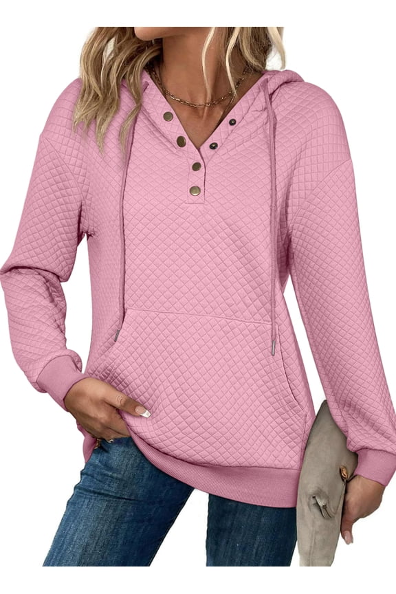 Women Hoodie Sweatshirt with Pockets Drop Shoulder Pullover Tops Drawstring Half Buttoned Tops Pink XL US16-18
