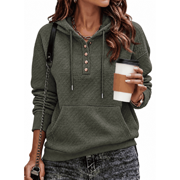 DOKOTOO Women Hoodie Sweatshirt with Pockets Drop Shoulder Pullover Tops Drawstring Half Buttoned Tops Green XL US16-18