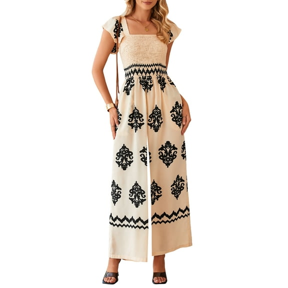 DOKOTOO Jumpsuits for Women Casual Cap Sleeve Rompers Boho Wide Leg Jumpsuits Overalls Apricot M US8-10