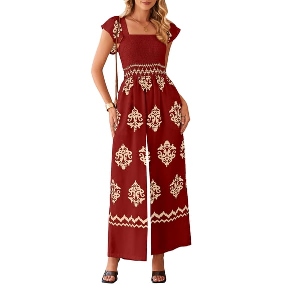 DOKOTOO Womens Jumpsuits Retro Boho Print Casual Fit Wide Leg Jumpsuits and Rompers with Pockets Lightweight Playsuits