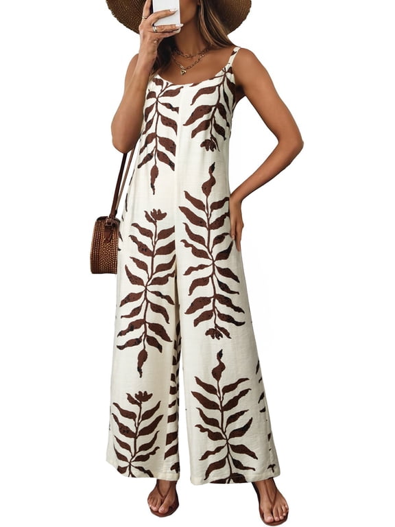 Women Jumpsuits Boho Wide Leg Overalls Jumpsuits Summer Printed Jumpsuits Vacation Beige XL US16-18