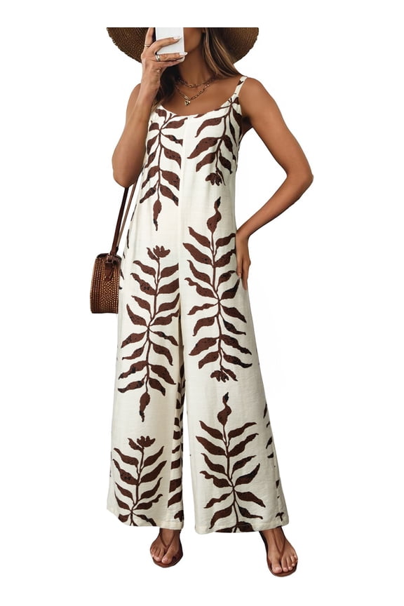 Women Jumpsuits Boho Wide Leg Overalls Jumpsuits Summer Printed Jumpsuits Vacation Beige XL US16-18
