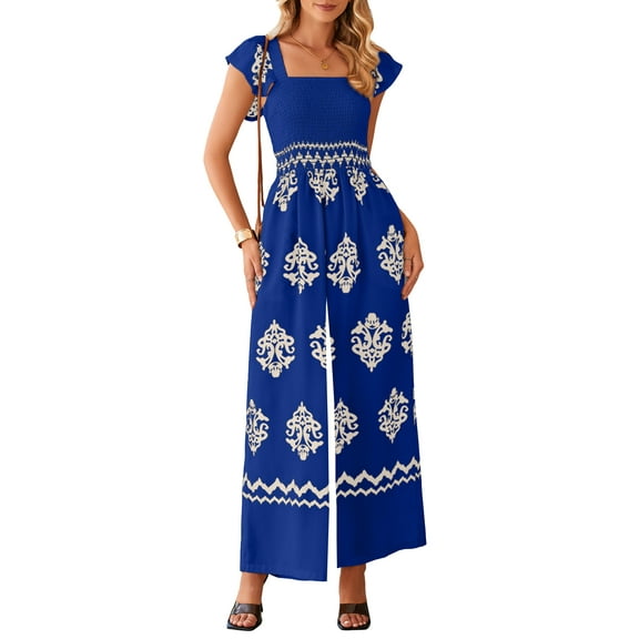 DOKOTOO Women's Jumpsuits Wide Leg Printed Pants Jumpsuits Flowy Party Jumpsuit Pants Blue XL US16-18