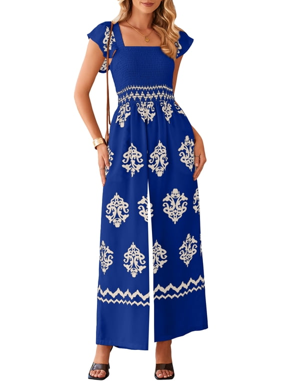 Womens Jumpsuits Boho Print Wide Leg Jumpsuits Smocked High Waist Lightweight Jumpsuits for Holiday Blue S US4-6