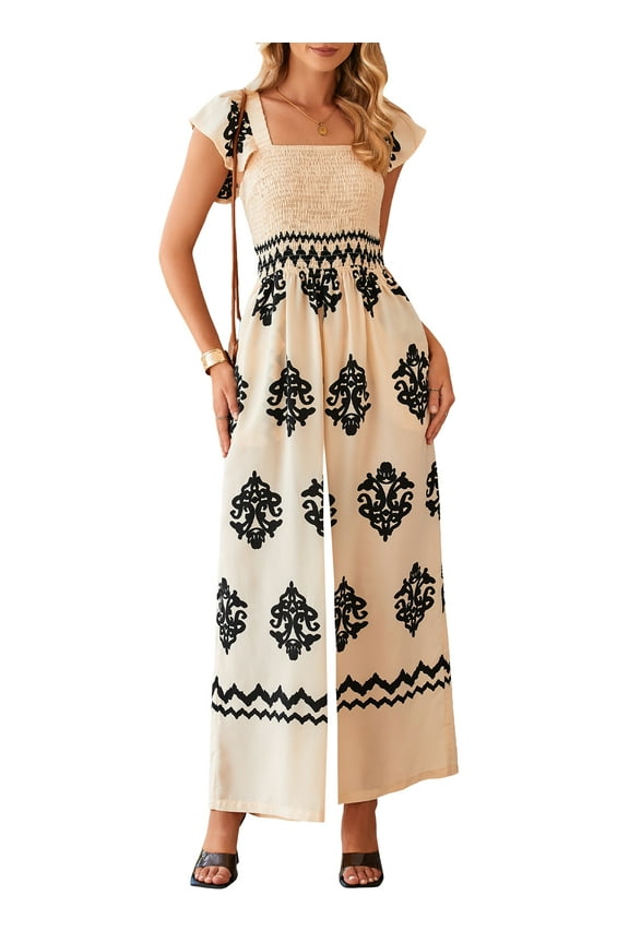 Women Boho Jumpsuits Vintage Summer Overalls Cap Sleeve Wide Leg Jumpsuits Apricot L US12-14