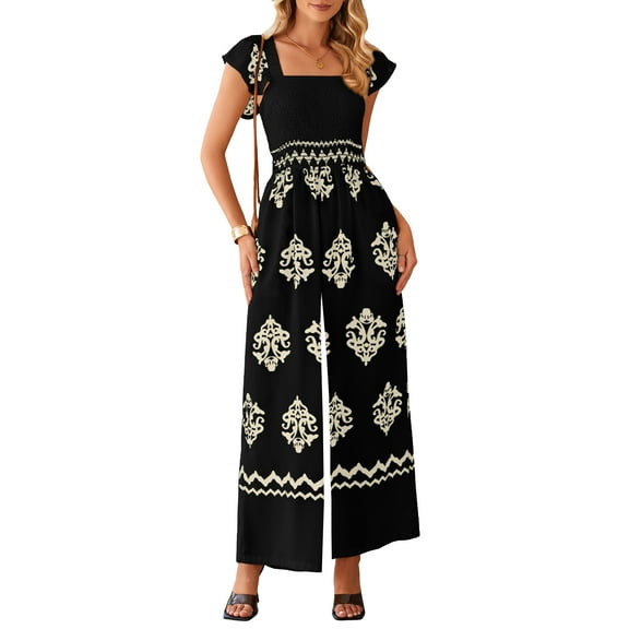 DOKOTOO Women Boho Jumpsuits Summer Casual Cap Sleeve Wide Leg Jumpsuits Black L US12-14