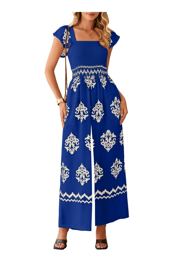 Women Boho Jumpsuits Casual Summer Beach Overalls Cap Sleeve Wide Leg Jumpsuits Blue L US12-14