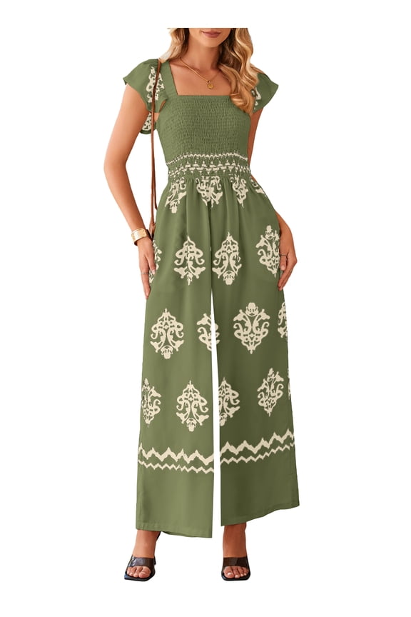 Women Jumpsuits Casual Summer Boho Jumpsuits Cap Sleeve Wide Leg Vintage Overalls Green L US12-14