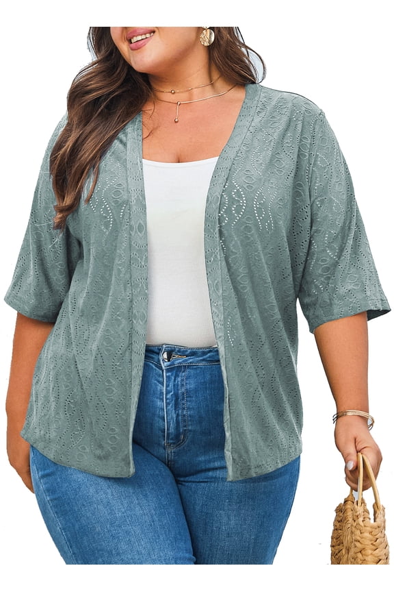 Women Plus Size Cardigans Hollow Out Summer Kimonos Open Front Knitted Cardigan Tops Green M US8-10