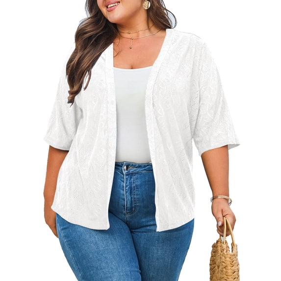 DOKOTOO Women Plus Size Cardigans Hollow Out Summer Kimonos Open Front Knitted Cardigan Tops White M US8-10