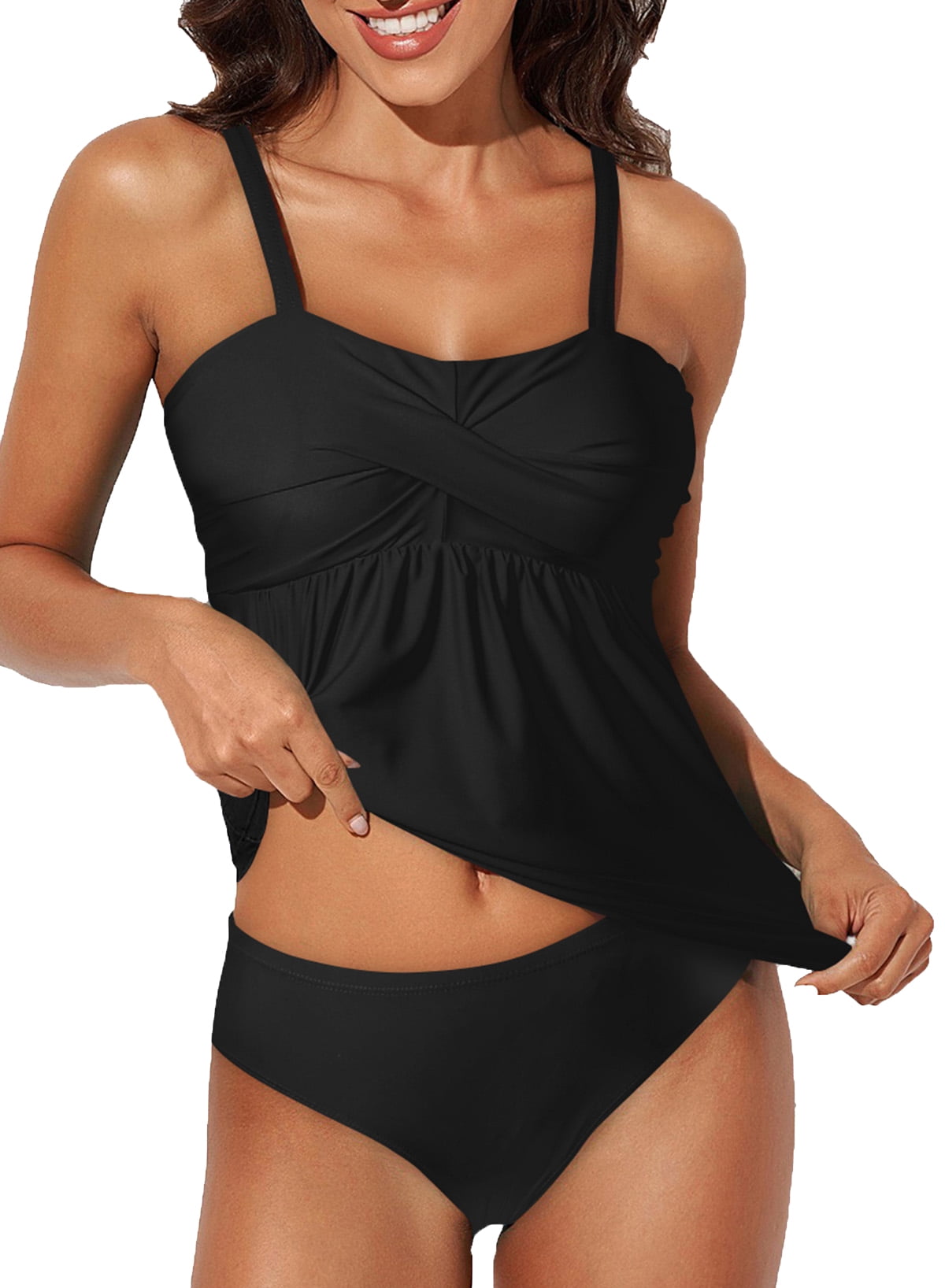 DOKOTOO Women Sexy Ruched Padded Tankini Set Fashion Solid Color Padded Swim Top and Bottoms Bathing Suit Black XL 16-18