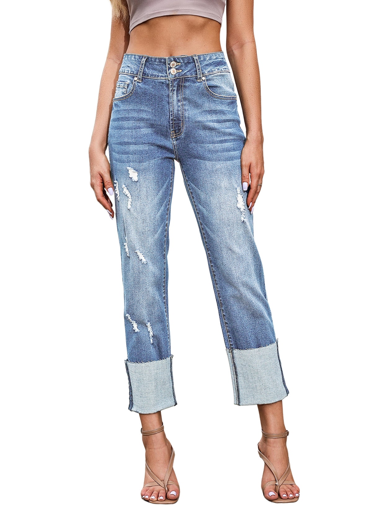 Distressed Jeans Rolled Up Boyfriend Jeans Risen Distressed