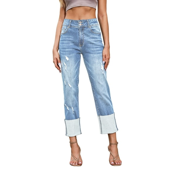 DOKOTOO Women Straight Leg Jeans Cuffed High Waisted Boyfriend Jean Denim Distressed Pants