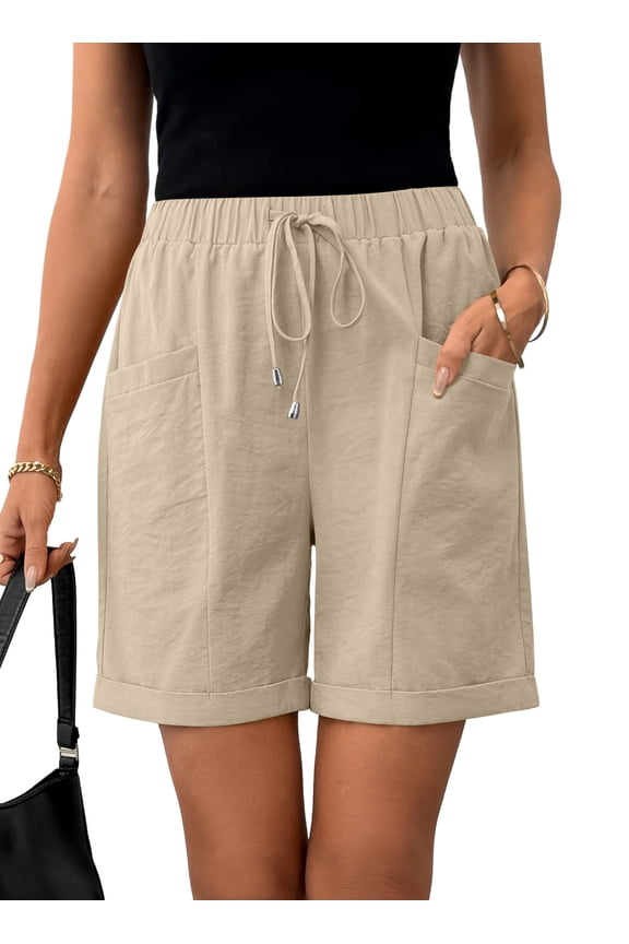 Women Summer Shorts Relaxed Fit High Waist Bermuda Shorts Drawstring Shorts Apricot XXL US18-20