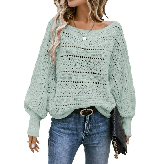 DOKOTOO Women Sweater Tops Crewneck Hollow Out Blouson Sleeve Sweaters Fall Winter Oversized Sweater Pullover Tops Green M US8-10