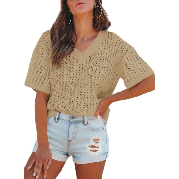 DOKOTOO Women Sweater Tops Short Sleeve Hollow Out Pullover Tops Solid Color V Neck Knitted Shirts