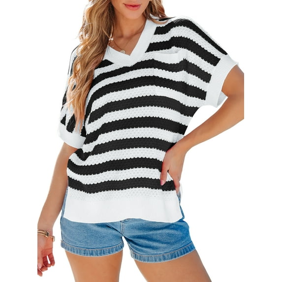 DOKOTOO Women Sweater Tops witn Pockets Short Sleeve Textured Pullover Tops Color Block V Neck Knitted Tunic Tops Shirts