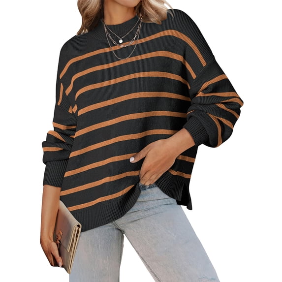 DOKOTOO Women Sweaters Striped Long Sleeve Pullover Tops Drop Shoulder Oversized Knitted Tops
