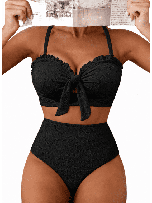 Women Swimsuit High Waisted Bikini Sets Tummy Control Swim Suits Textured Two Piece Bathing Suit Bow Front Swimwear Beachwear Summer Vacation S-2XL