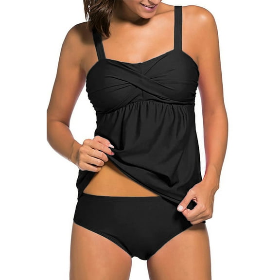 DOKOTOO Women Tankini Set Two Piece Padded Bathing Suits Swimsuit Ruched Tankini Top with Swim Brief 2PCS Swimwear Black L 12-14