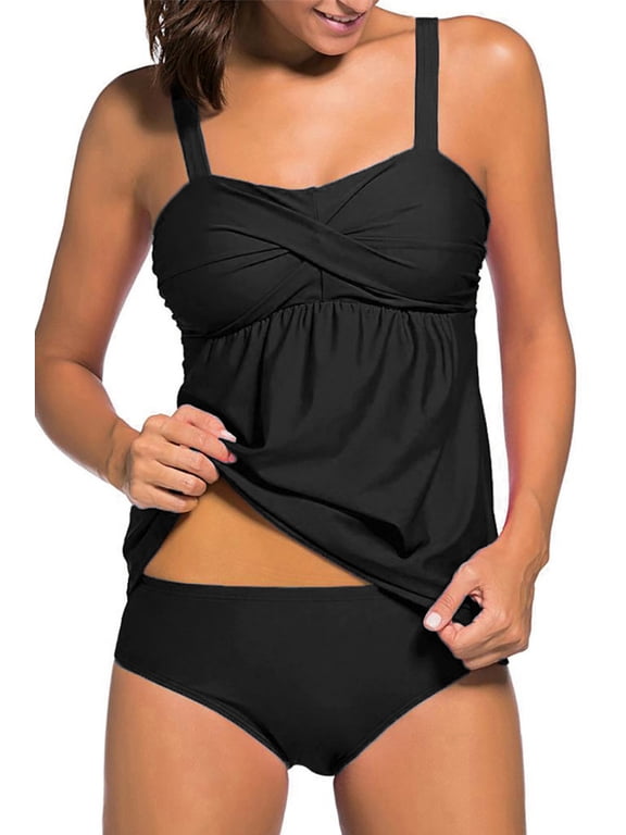 Women Tankini Set Two Piece Padded Bathing Suits Swimsuit Ruched Tankini Top with Swim Brief 2PCS Swimwear Black L 12-14