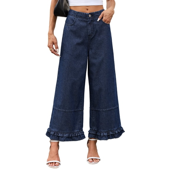DOKOTOO Women Wide Leg Jeans High Waisted Stretch Denim Elastic Waist Ruffle Hem Flare Pants Vintage Loose Fit High Rise Baggy Jeans