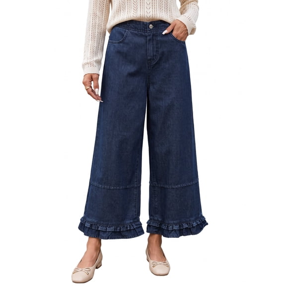 DOKOTOO Women Wide Leg Jeans High Waisted Stretch Denim Elastic Waist Ruffle Hem Flare Pants Vintage Loose Fit High Rise Baggy Jeans