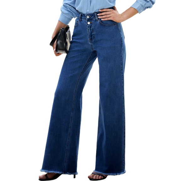 DOKOTOO Women Wide Leg Jeans High Waisted Stretch Denim Flare Pants Vintage Blue High Rise Loose Fit Raw Hem Five Pocket Jeans US Size