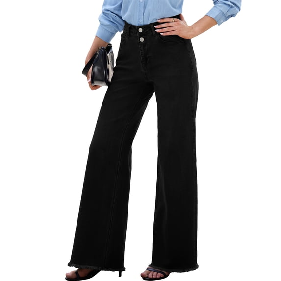 DOKOTOO Women Wide Leg Jeans High Waisted Stretch Denim Flare Pants Vintage Black High Rise Loose Fit Raw Hem Five Pocket Jeans US Size