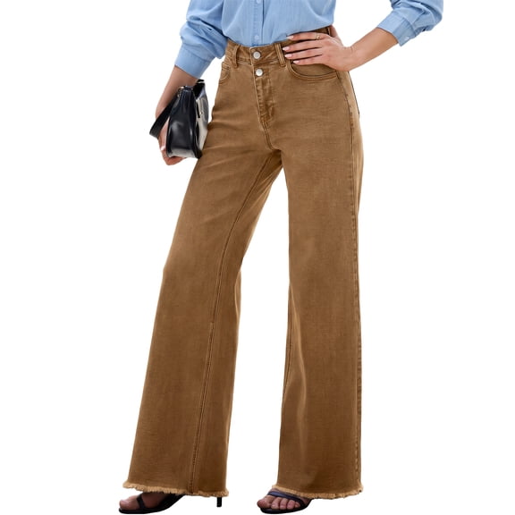 DOKOTOO Women Wide Leg Jeans High Waisted Stretch Denim Flare Pants Vintage Brown High Rise Loose Fit Raw Hem Five Pocket Jeans US Size