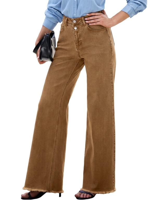 Women Wide Leg Jeans High Waisted Stretch Denim Flare Pants Vintage Brown High Rise Loose Fit Raw Hem Five Pocket Jeans US Size