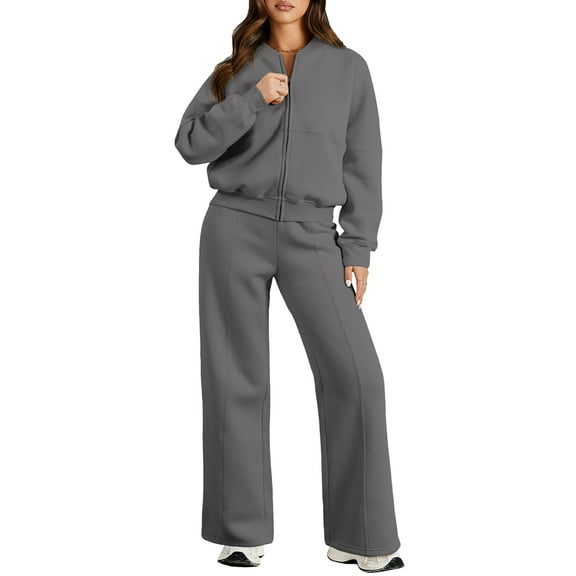 DOKOTOO Women's 2 Piece Outfits Fleece Sweatsuits Long Sleeve Zip up Sweatshirt and Wide Leg Sweatpants Lounge Set