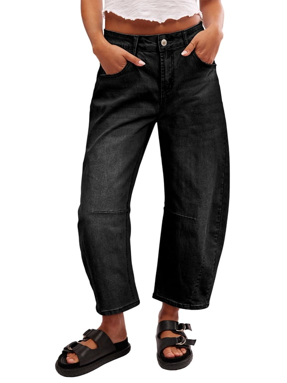 Women's Barrel Jeans Wide Leg Vintage Mid Rise Y2k Baggy Boyfriend Ankle Denim Pants Black Plus Size 18