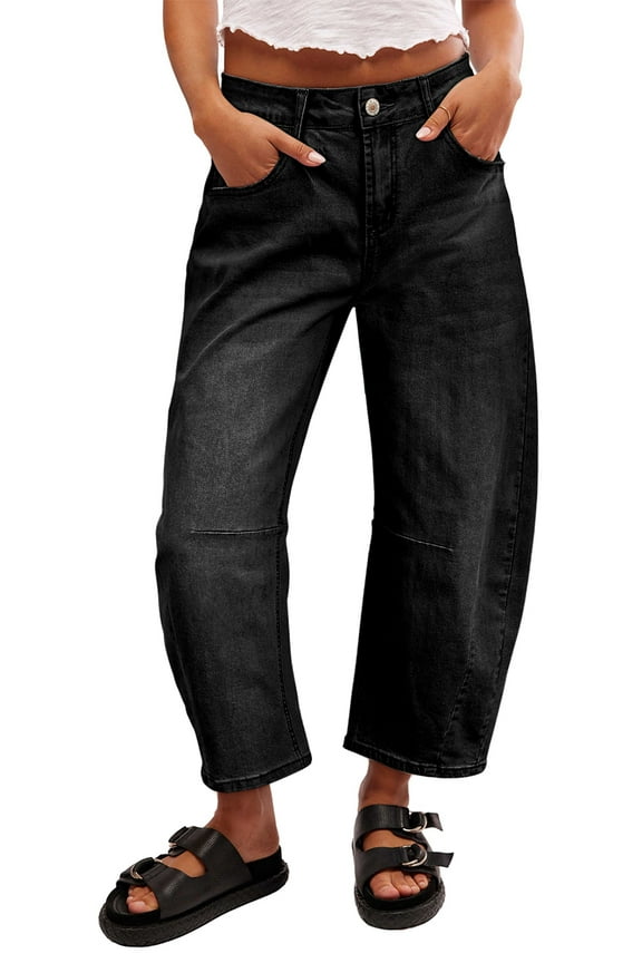 Women's Barrel Jeans Wide Leg Vintage Mid Rise Y2k Baggy Boyfriend Ankle Denim Pants Black Plus Size 18