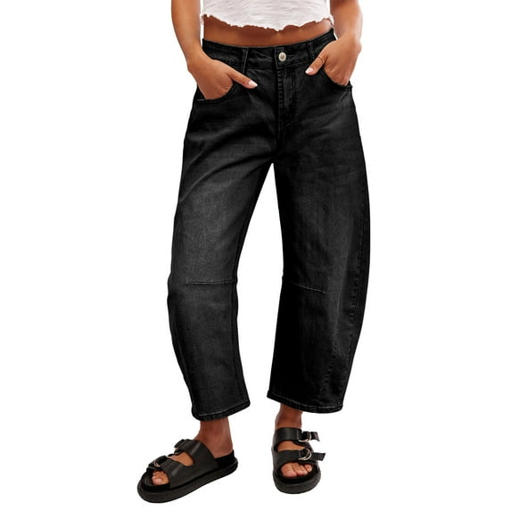 DOKOTOO Women's Barrel Jeans Wide Leg Vintage Mid Rise Y2k Baggy Boyfriend Ankle Denim Pants Black
