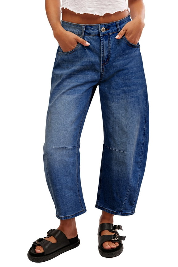 Women's Barrel Jeans Mid Rise Vintage Y2k Baggy Boyfriend Jeans Loose Ankle Denim Stretch Pants Blue Plus Size 18