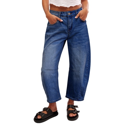 Women's Barrel Jeans Mid Rise Vintage Y2k Baggy Boyfriend Jeans Loose Ankle Denim Stretch Pants Blue Size 10